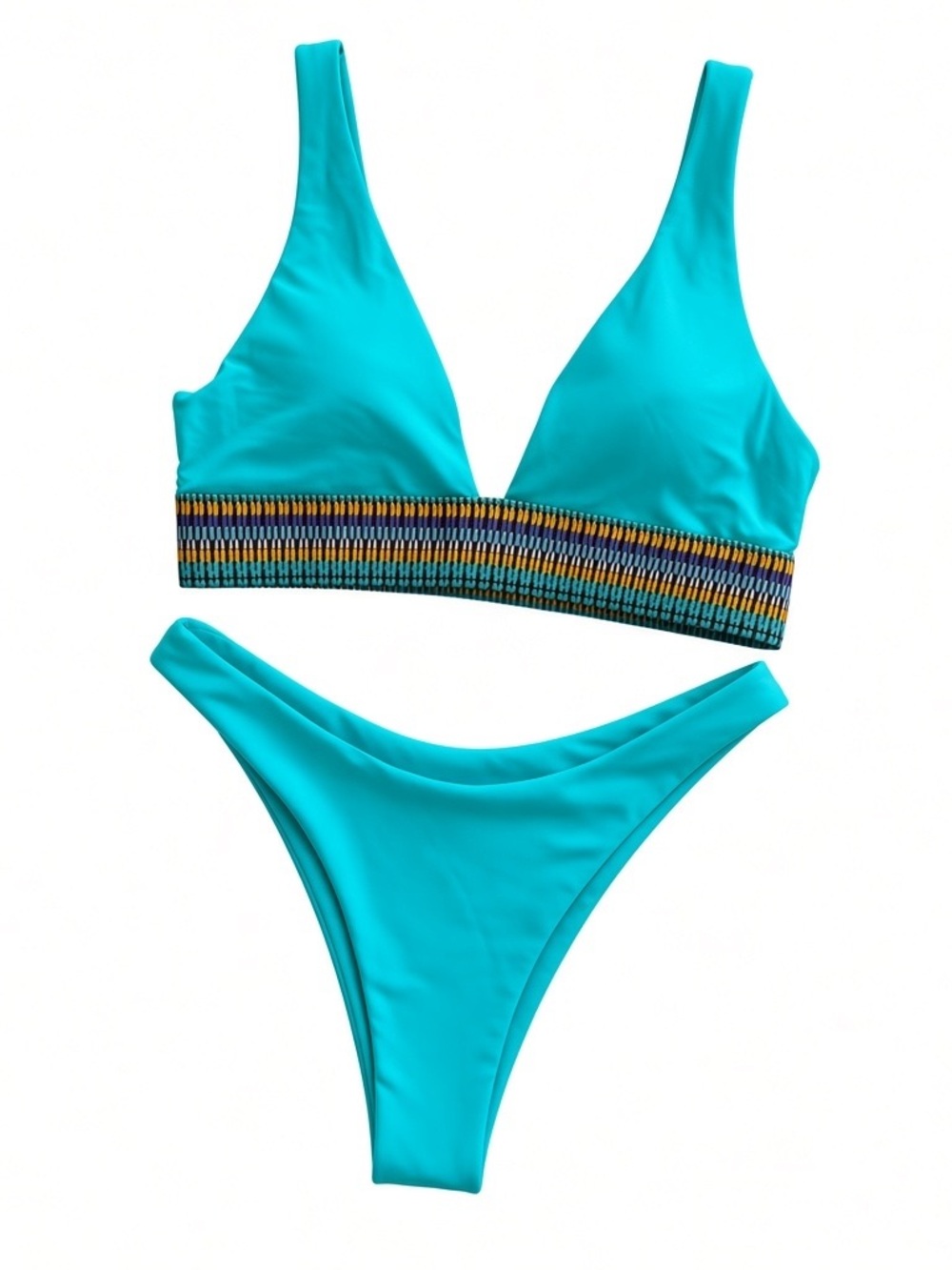 Turquoise Two-Piece Bikini Set with Embroidered Print Band - Women Swim